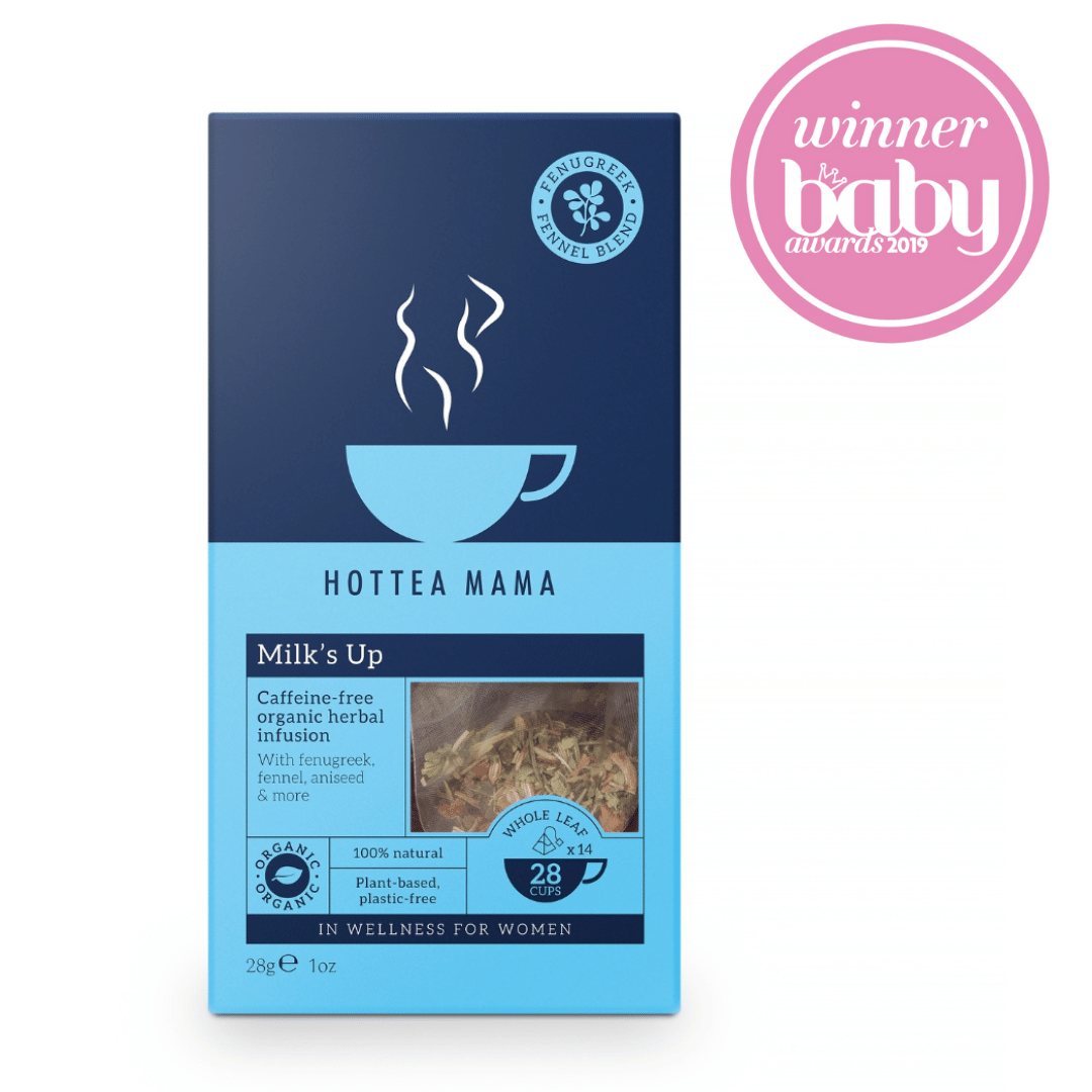 Milk's Up Breastfeeding Tea box with whole leaf tea bag and Baby Award Logo showing Best Maternity Product 2019