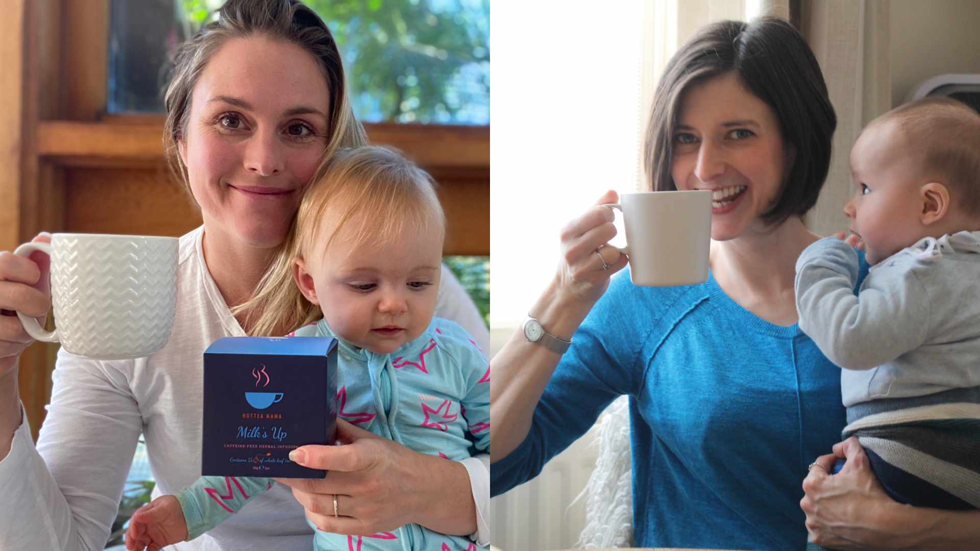 2 women holding cups of tea and babies