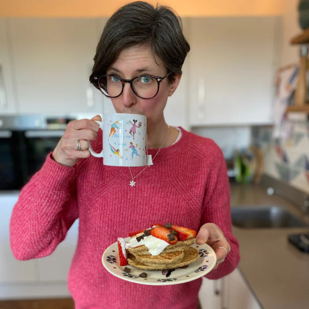 Bethan enjoying Milk's Up tea & lactation pancakes