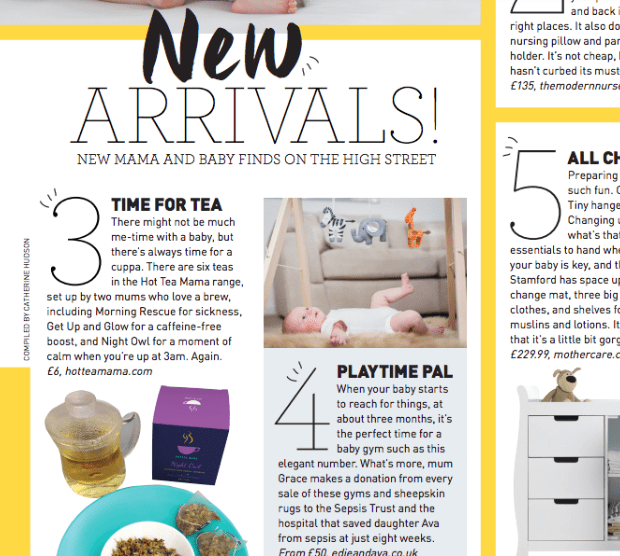 Page from Gurgle magazine showing new arrivals including HotTea Mama