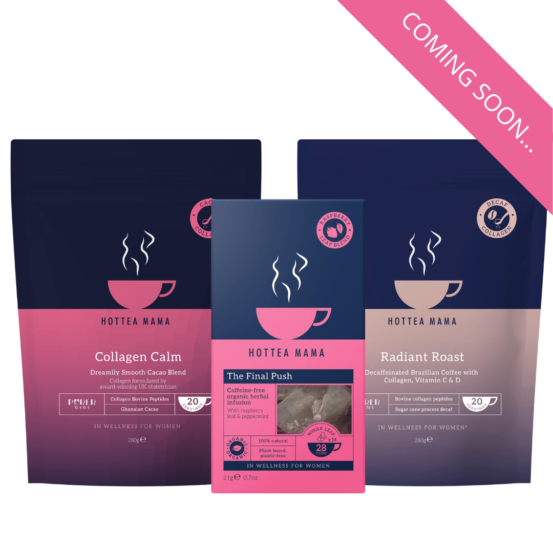 Three packages of HOTTEA MAMA tea, hot chocolate, and decaf coffee, with pink and blue design on a white background.