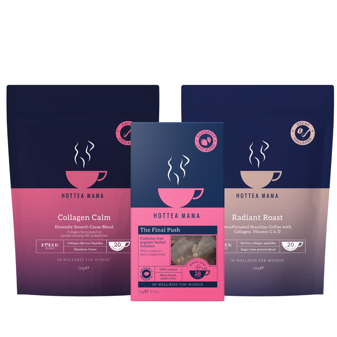 HotTea Mama Collagen Calm, The Final Push, and Radiant Roast product packages on a white background