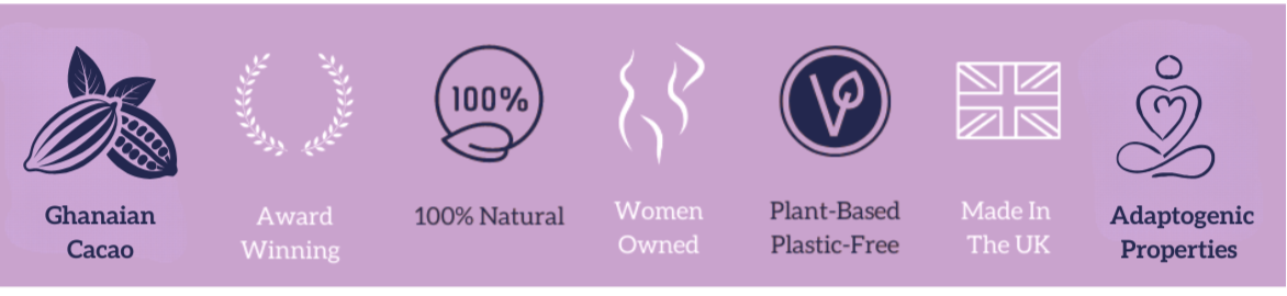 Collection of icons and text on a purple background, featuring attributes like 'Ghanaian Cacao', 'Award Winning', '100% Natural', etc.