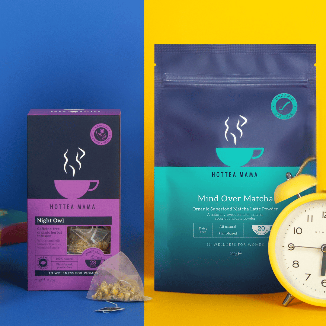 Blue and yellow image showing HotTea Mama's Night Owl tea, and Mind over Matcha