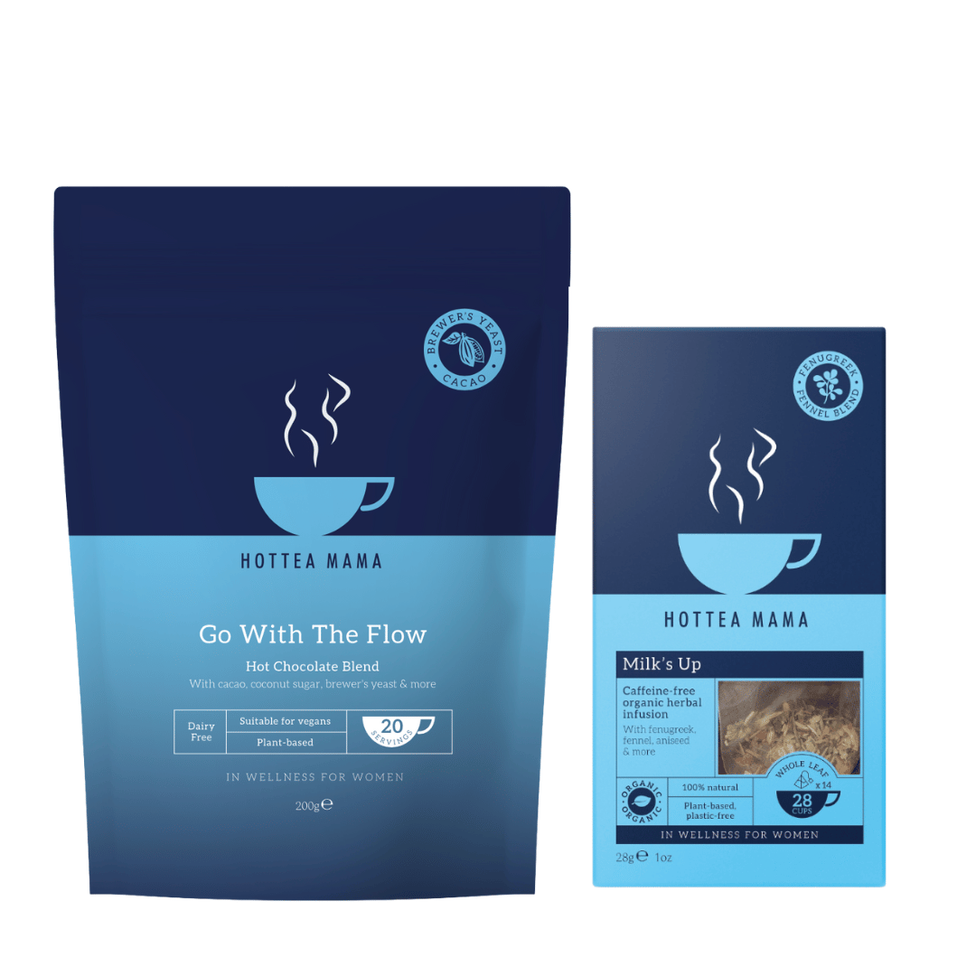 Hottea Mama Go With The Flow hot chocolate and Milk's Up tea breastfeeding support blends on a white background