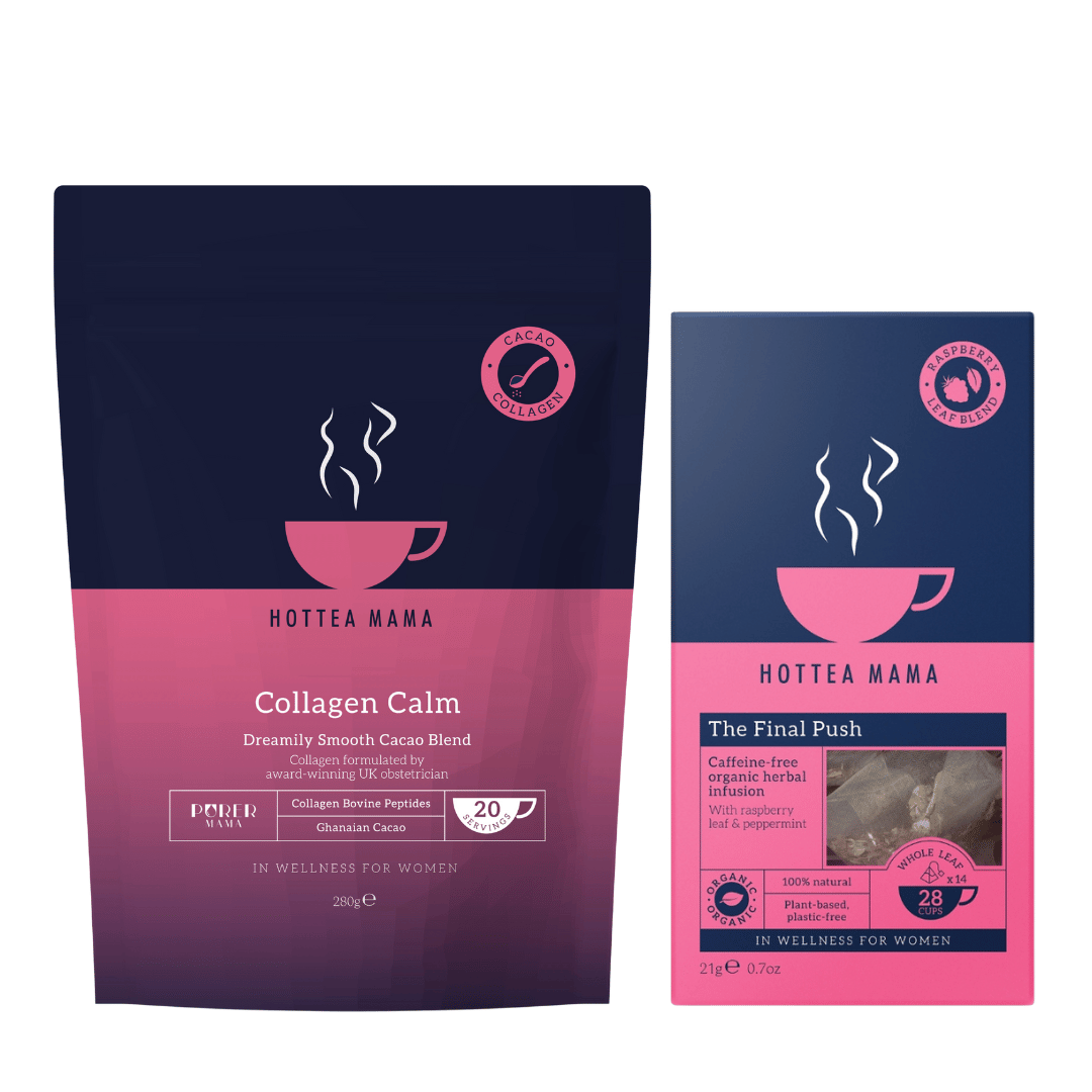 Hottea Mama Collagen Calm hot chocolate and The Final Push Raspberry Leaf tea on a white background