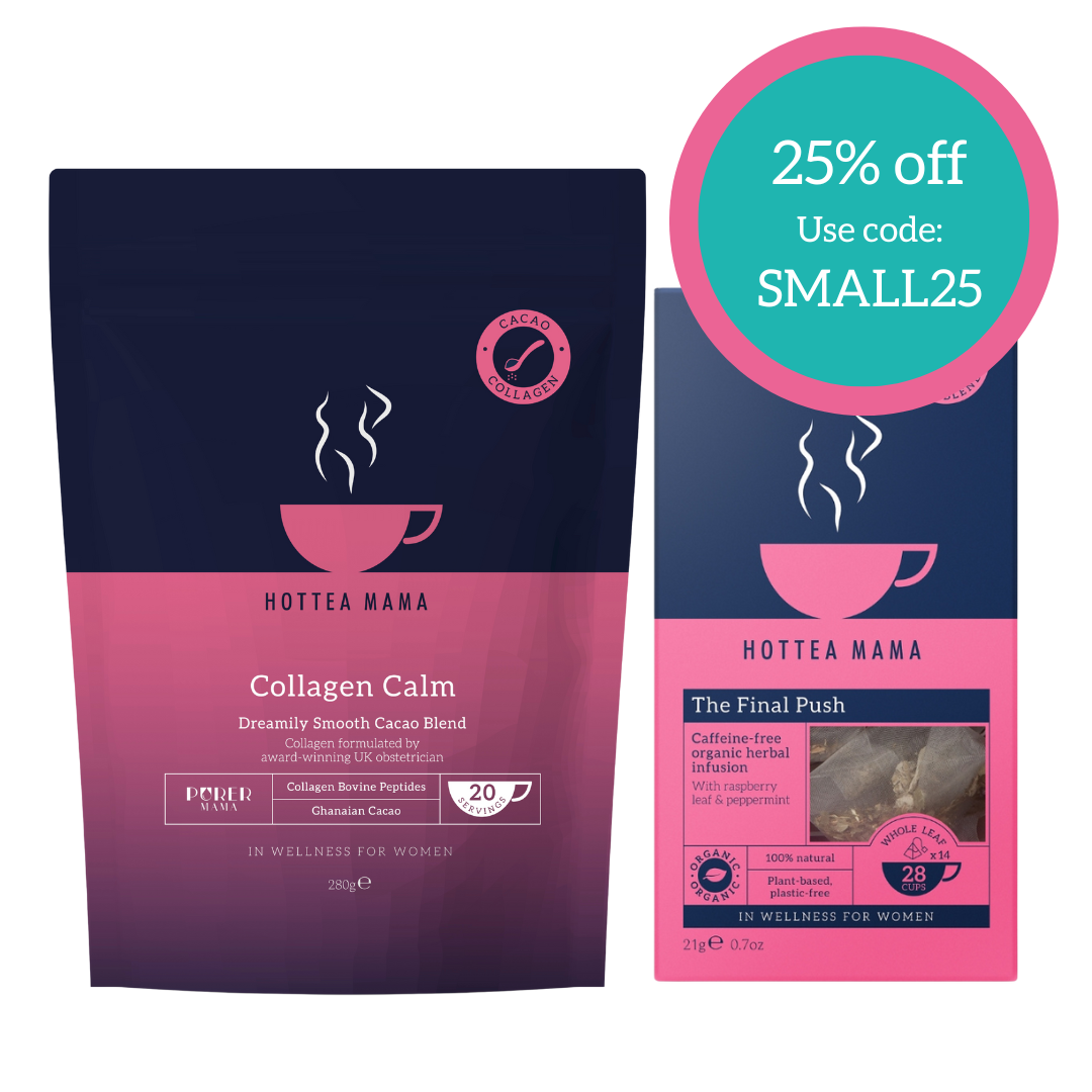 Hottea Mama Collagen Calm hot chocolate and The Final Push Raspberry Leaf tea on a white background