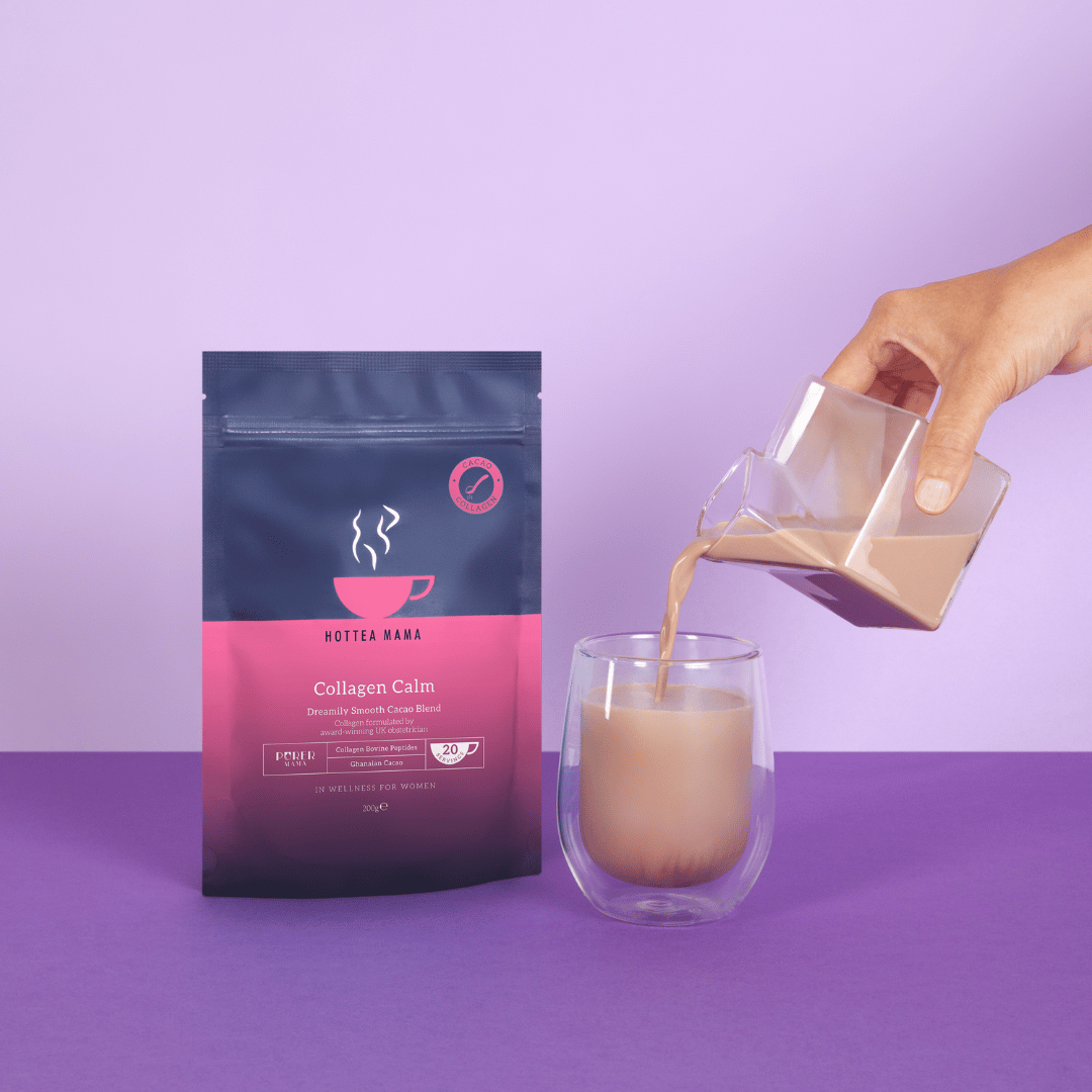 HotTea Mama Collagen Calm hot chocolate package with a hand pouring hot chocolate into a glass cup on a purple background