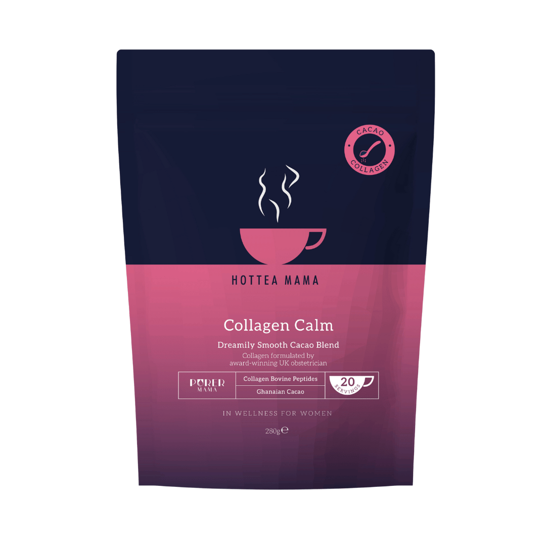 HOTTEA MAMA Collagen Calm Hot Chocolate with a dark blue and pink design.