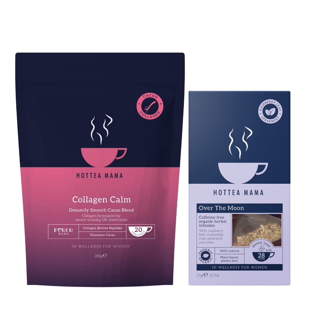 Hottea Mama Collagen Calm hot chocolate and Over The Moon tea packages, on a white background.