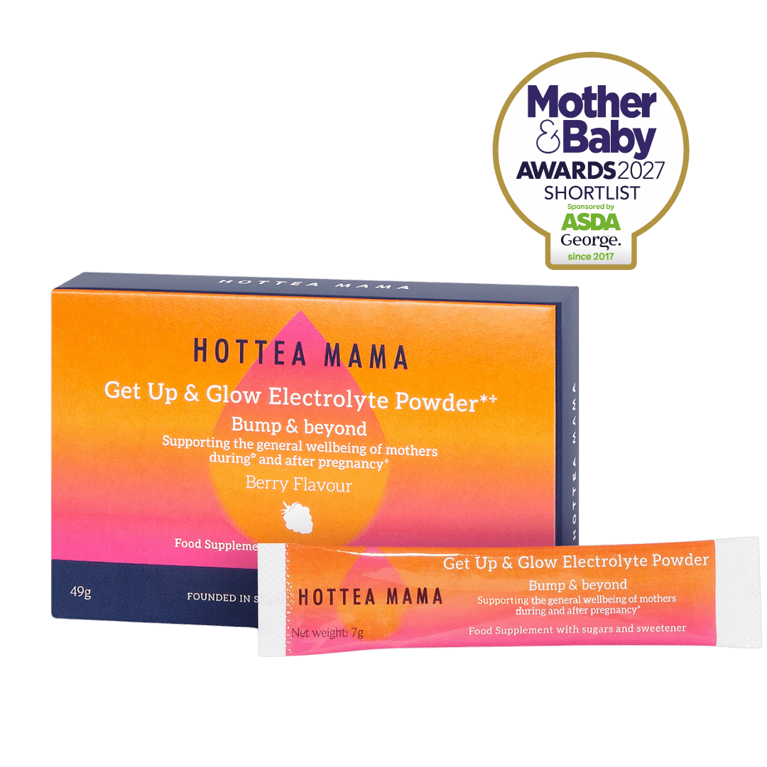 HOTTEA MAMA Get Up & Glow Electrolyte Powder** Berry Flavour, shown with its dark blue and orange box and a single sachet in front, on a white background with a Mother & Baby Awards 2027 Shortlist badge.