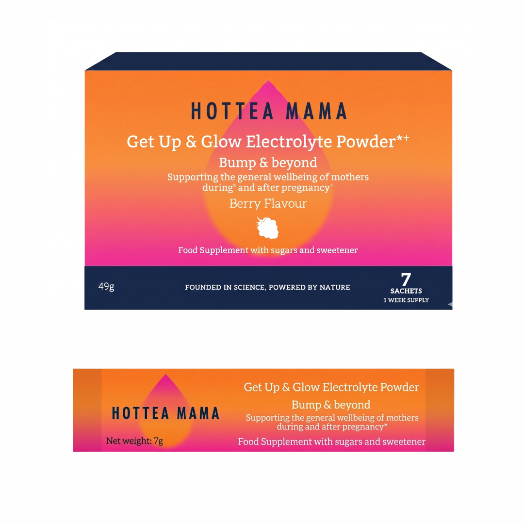 Hottea Mama Get Up & Glow electrolyte powder packaging with gradient design on a white background