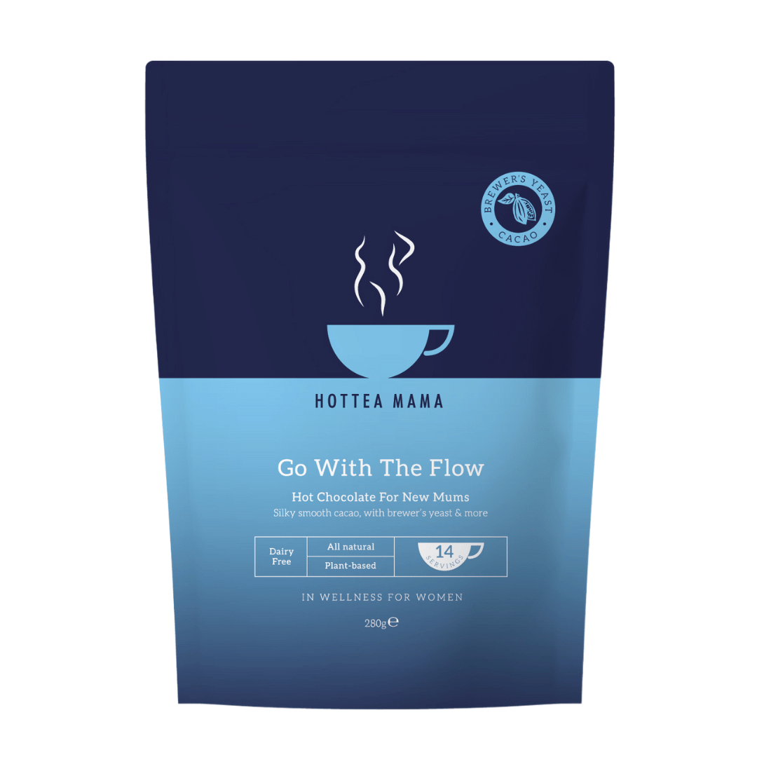 HotTea Mama Go With The Flow lactation and breastfeeding support hot chocolate pack on white background.