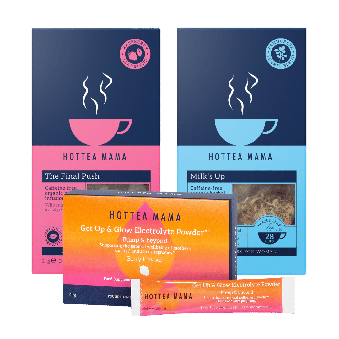 Three Hottea Mama product boxes arranged together on a white background: 'The Final Push' and 'Milks Up' at the back of the image, and one orange-pink electrolyte powder box in front.