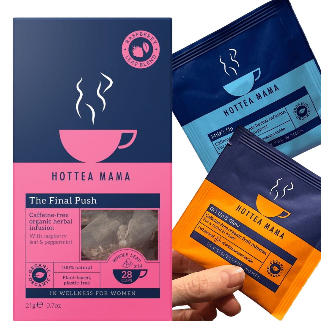 HotTea Mama tea packages with pink, blue, and orange designs on a white background