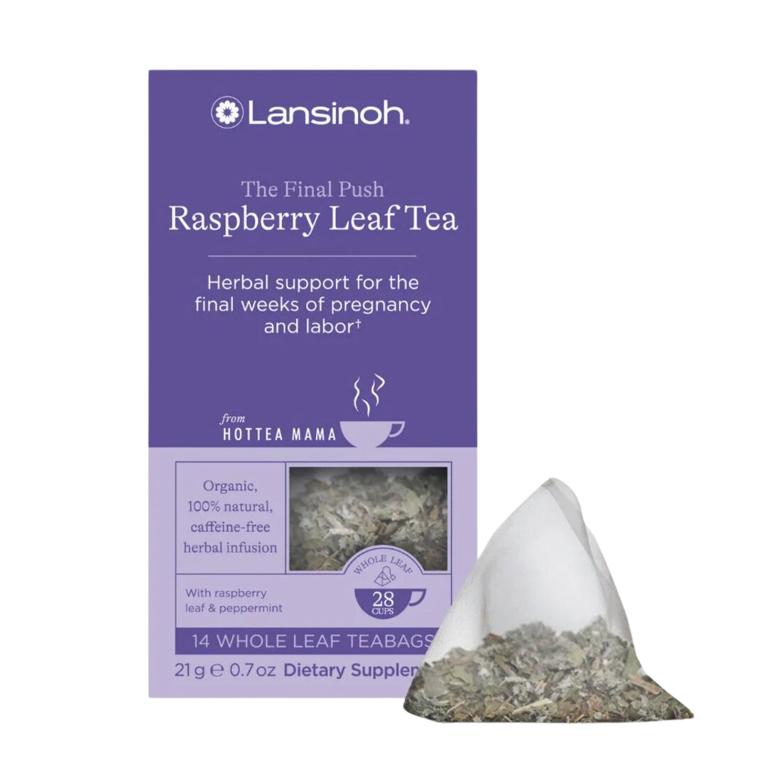 Purple pack of The Final Push raspberry leaf tea with Lansinoh and HotTea Mama logos on pack, with a whole leaf raspberry leaf tea sat next to the box, on a white background.