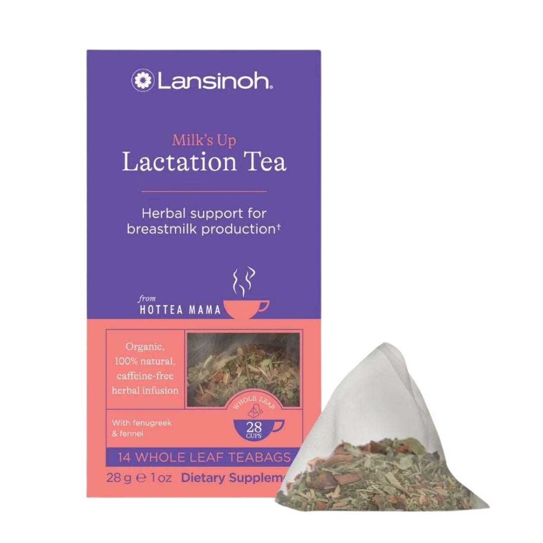 Image of HotTea Mama x Lansinoh co-branded Milk's Up Lactation tea pack on white background, with a whole leaf tea bag containing natural herbs and botanicals to support breastfeeding Moms