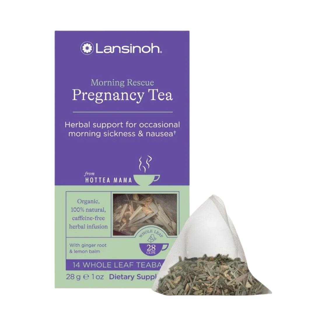 Purple and green pack of Morning Rescue pregnancy tea with Lansinoh and HotTea Mama logos on pack, with a whole leaf lemongrass, lemon verbena, lemon balm, ginger and spearmint tea sat next to the box, on a white background.