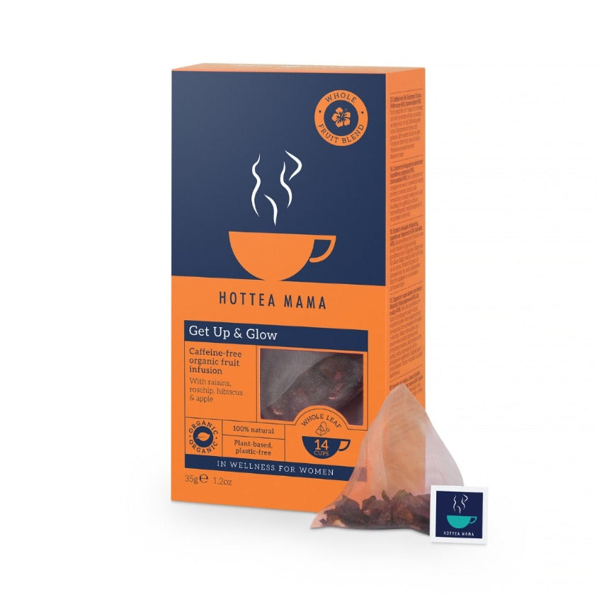 Get Up & Glow organic pregnancy tea pack on white background, with a whole leaf tea bag next to it which contains grapes, hibiscus, rosehip and apple for a natural boost