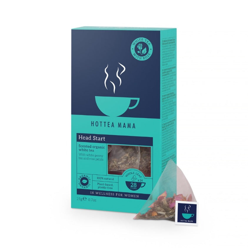 A pack of organic Head Start white tea and rose tea bags