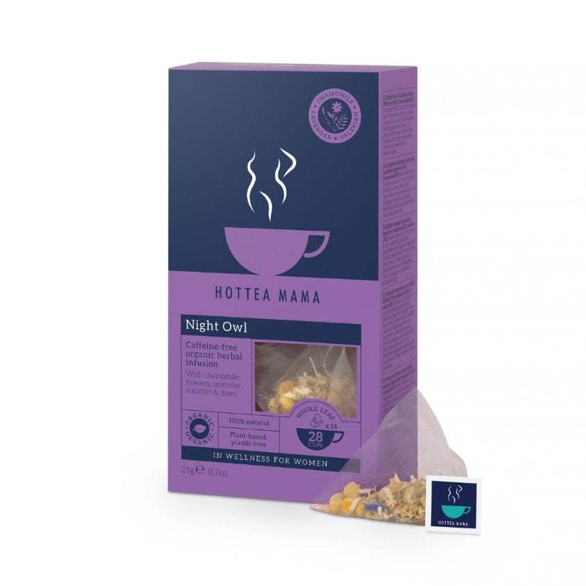 HotTea Mama Night Owl sleepy tea pack on white background with whole leaf tea bag next to it, showing the chamomile flowers, lavender flowers, valerian root to ease sleep