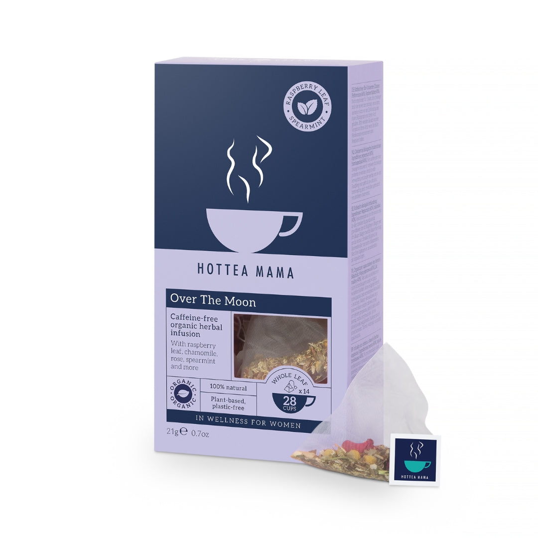 Photograph showing HotTea Mama Over The Moon Tea, containing natural herbs to support a healthy cycle, PCOS, Endometriosis symptoms, and PMS symptoms