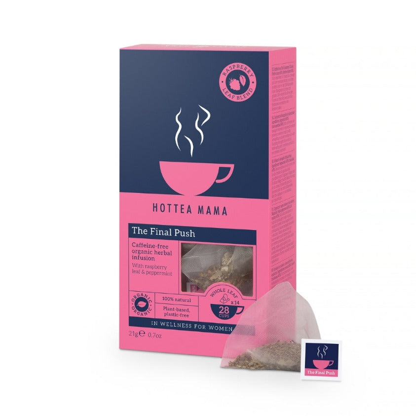 HotTea Mama Organic The Final Push raspberry leaf tea pack on white background, with whole leaf tea bag next to it showing the red raspberry leaf tea and peppermint inside, all ingredients to help with birth preparataion