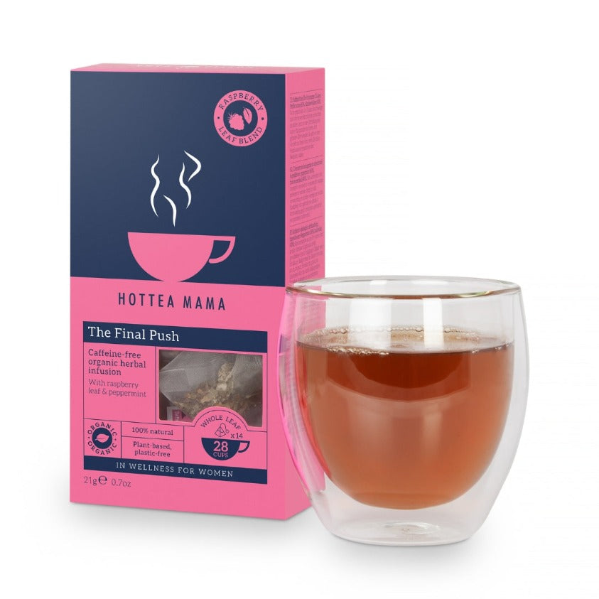 Organic The FInal Push tea pack with cup of brewed tea