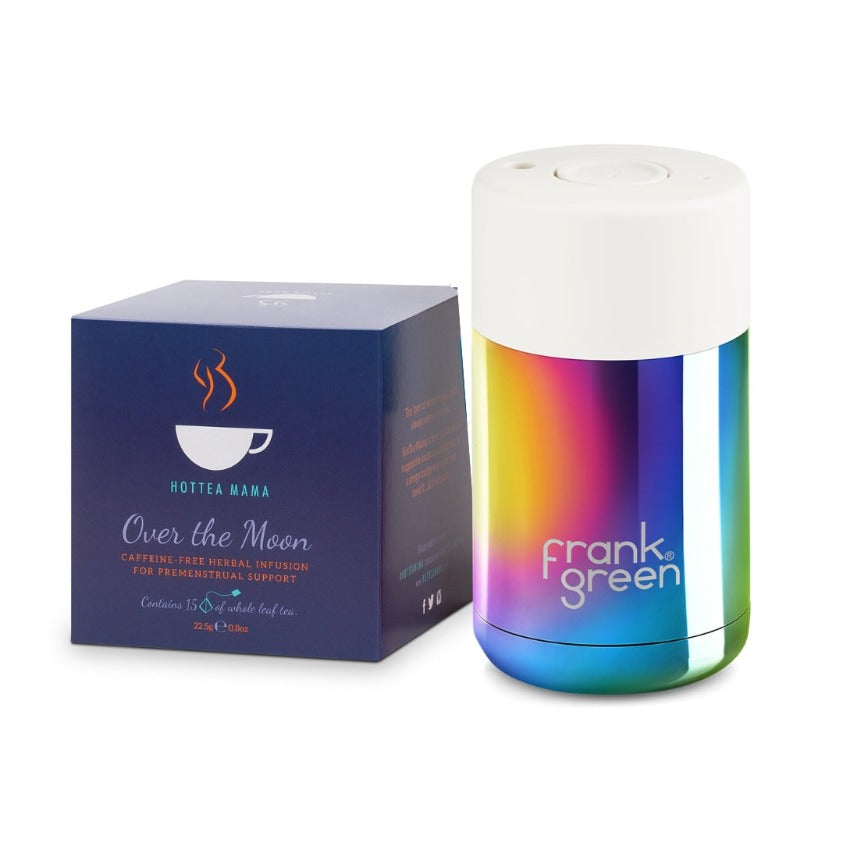 HotTea Mama PMS Tea Survival Kit on white background, showing one pack of Over The Moon PMS and period support tea, plus one-handed, splash-proof cup