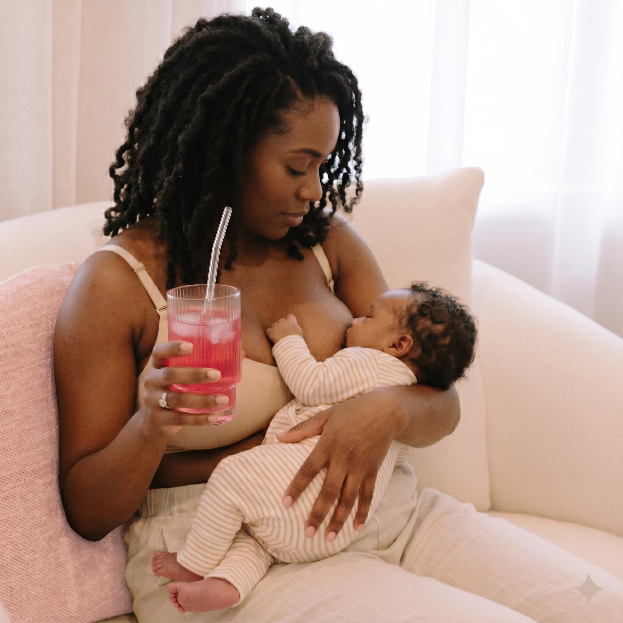 Woman breastfeeding a baby while holding a glass Get Up & Glow electrolyte drink on a couch.