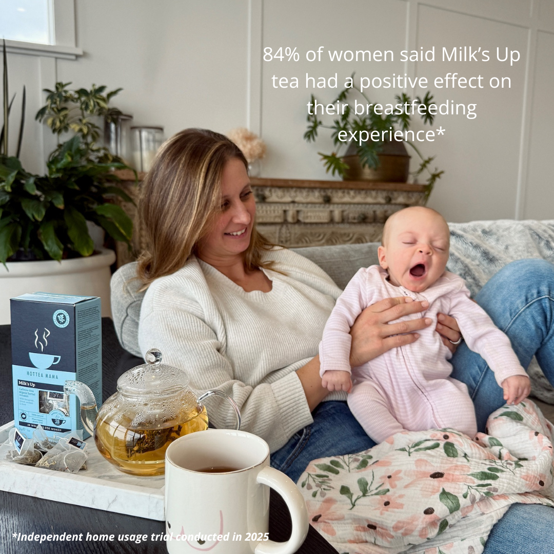 Image of a woman holding her newborn, with a cup of Milk's up tea and the pack of tea in shot
