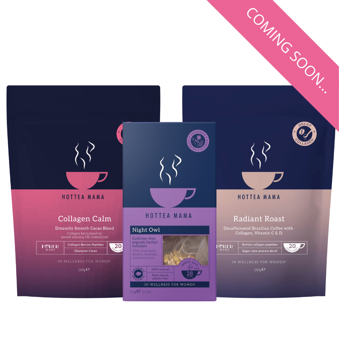 Three Hottea Mama menopause sleep support products - Collagen Calm, Night Owl, and Radiant Roast Decaf Coffee, with 'Coming Soon' text on a white background