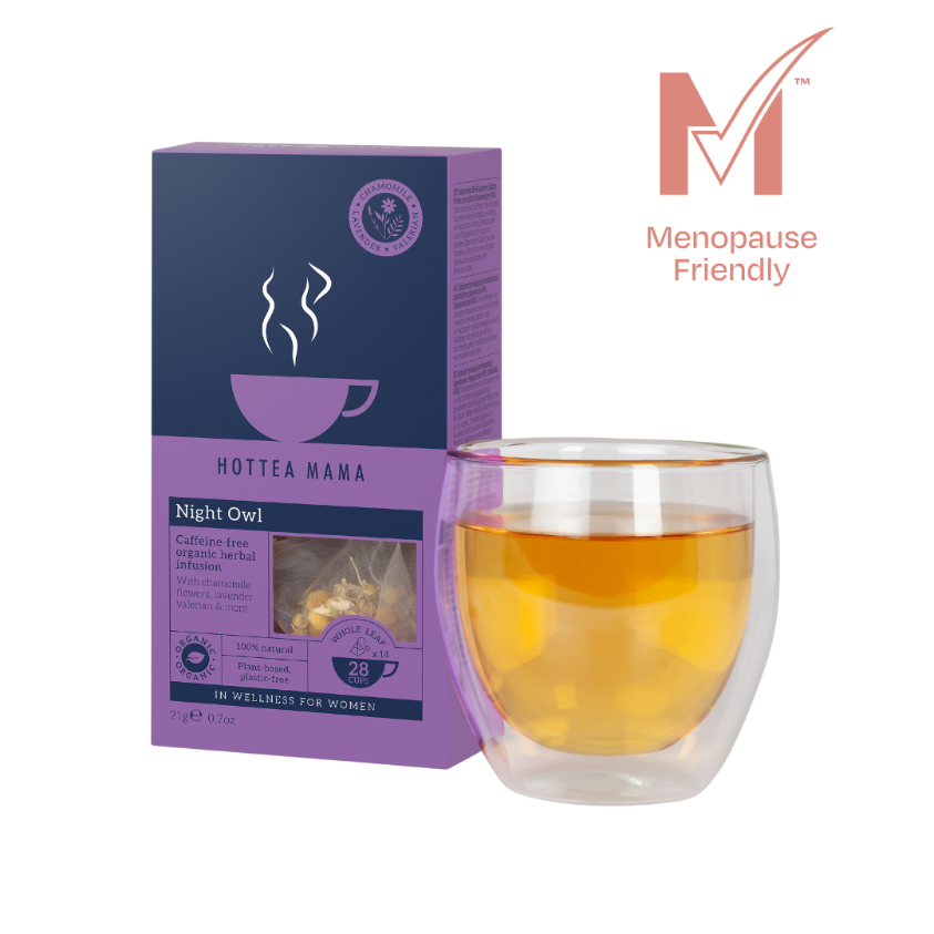 Pack of HotTea Mama Night Owl sleepy tea on white background with brewed up of chamomile tea in glass tea cup, menopause friendly logo