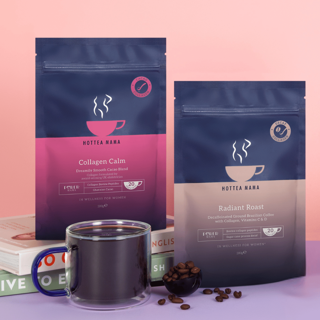 Collagen Calm and Radiant Roast packs on a pink background with wellness books and a cup of Radiant Roast Decaf coffee in a blue glass cup
