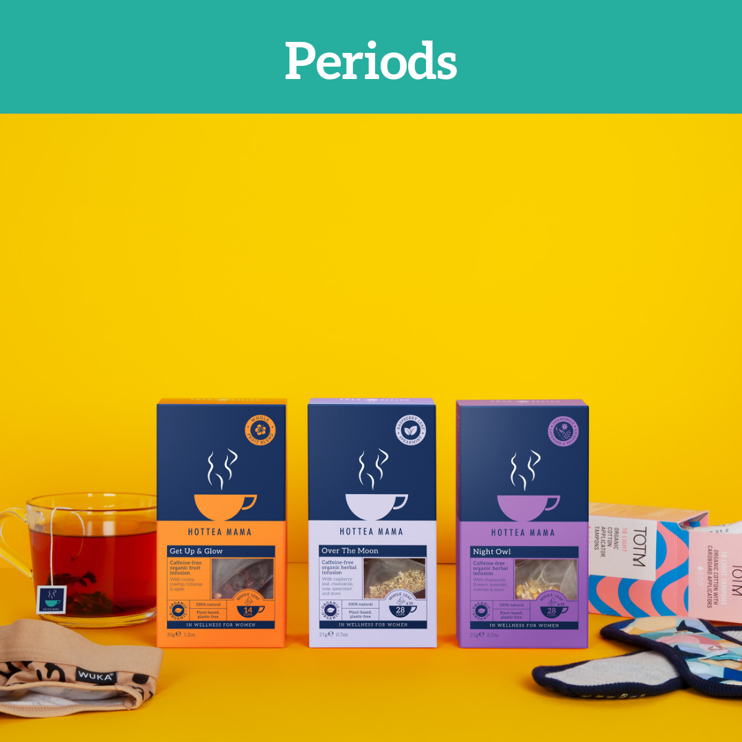 Box with header stating periods, and showing three packs of HotTea Mama whole leaf tea that can naturally support periods, PMS, endometriosis and PCOS, next to a brewed cup of Get Up & Glow fruit tea and reusable period underwear and organic tampons