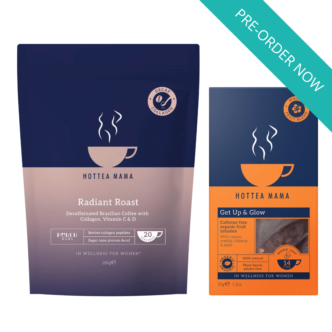 Two Hottea Mama coffee packages, one blue and one orange, on a white background.