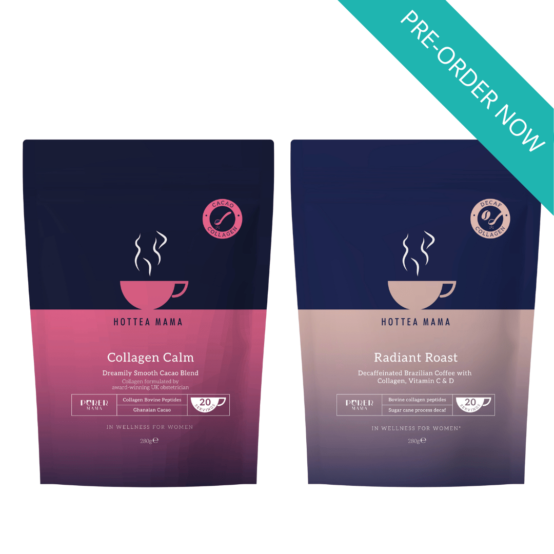 Two coffee packages from Hottea Mama with gradient design on a white background.