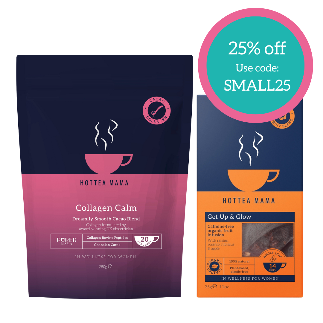 HotTea Mama Collagen Calm hot chocolate and Get Up & Glow tea packages, on a white background.