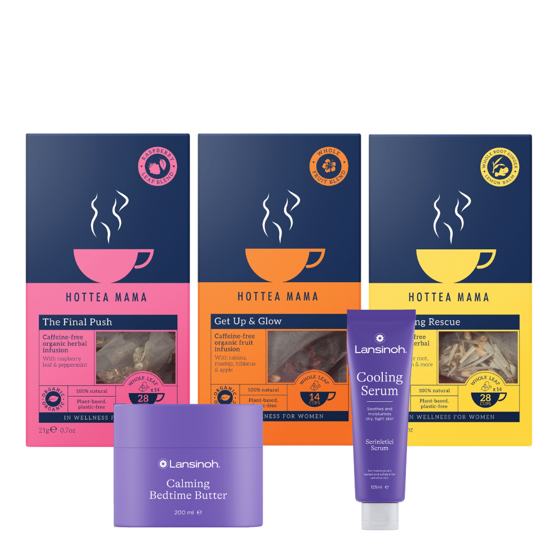 Image of HotTea Mama Pregnancy Self Care Set including The Final Push, Get Up & Glow and Morning Rescue tea blends, Lansinoh Calming Bedtime Butter and Cooling Serum.