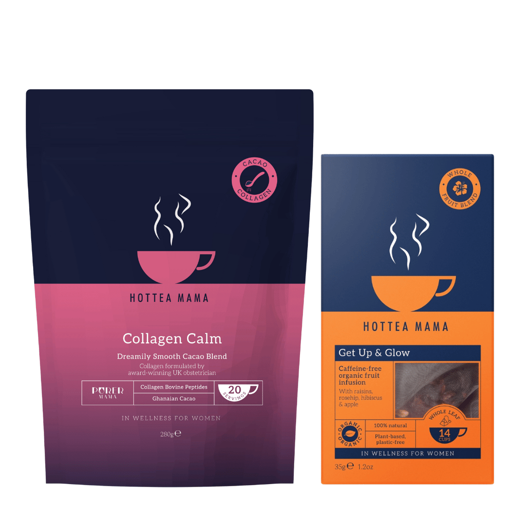 HotTea Mama Collagen Calm hot chocolate and Get Up & Glow tea packages, on a white background.