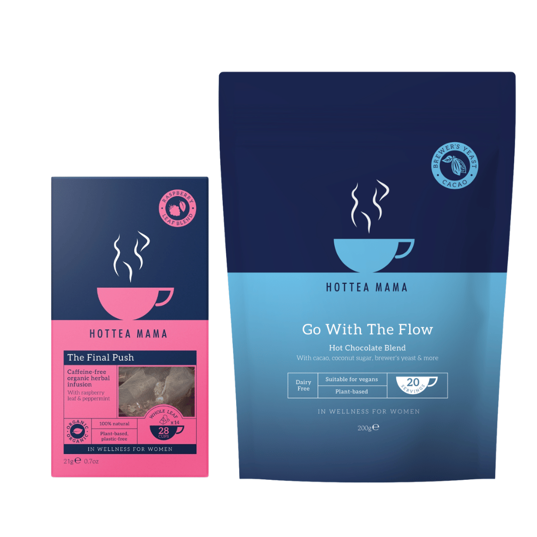 Hottea Mama The Final Push Raspberry Leaf tea and Go With the Flow lactation support hot chocolate product packages, one pink and one blue, on a white background.