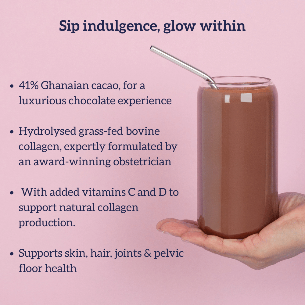 Glass of cup with Collagen Calm hot chocolate, with a straw on a pink background, featuring text about ingredients and benefits.