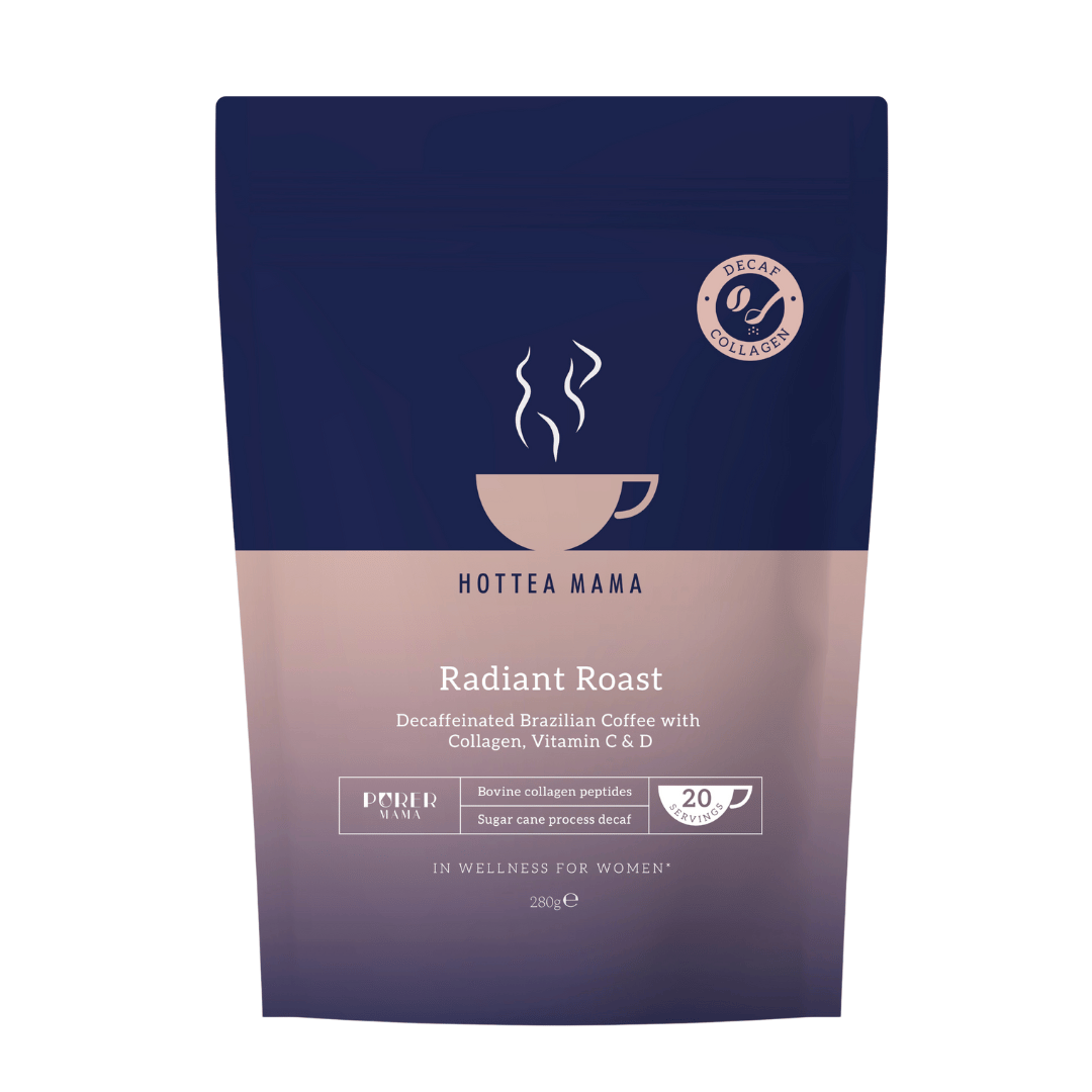 Hottea Mama Radiant Roast decaf coffee package on a white background