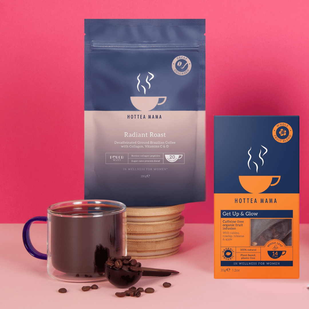 HOTTEA MAMA coffee packaging with a mug and coffee beans on a pink background