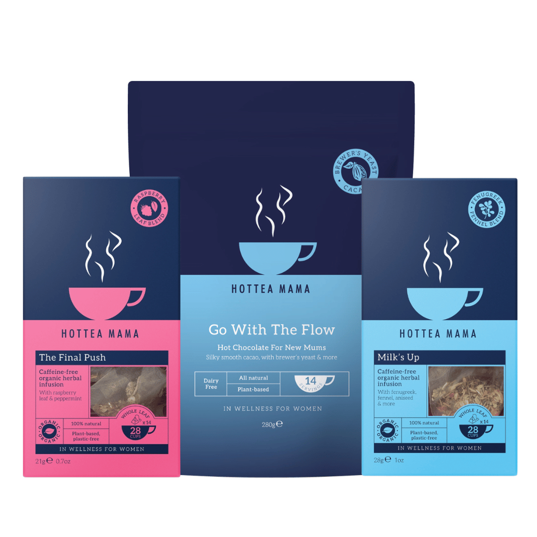 Hottea Mama The Final Push Raspberry Leaf tea, Go With The Flow lactation support hot chocolate, and Milk's Up breastfeeding support hot chocolate product packages on a white background