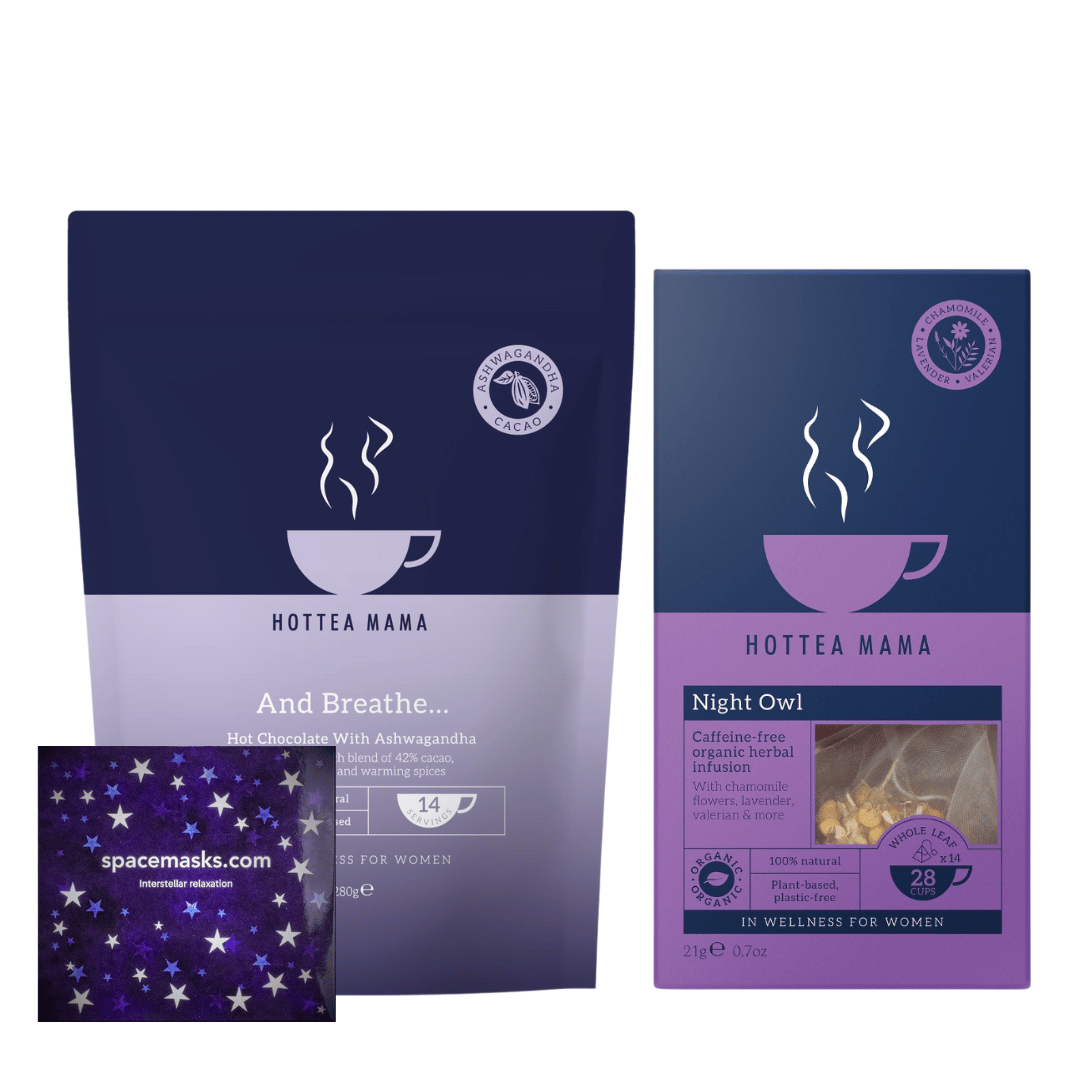 HotTea Mama Take a Moment...Relaxation Set containing And Breathe....Ashwagandha Hot Chocolate, Night Owl tea, and a Space Mask