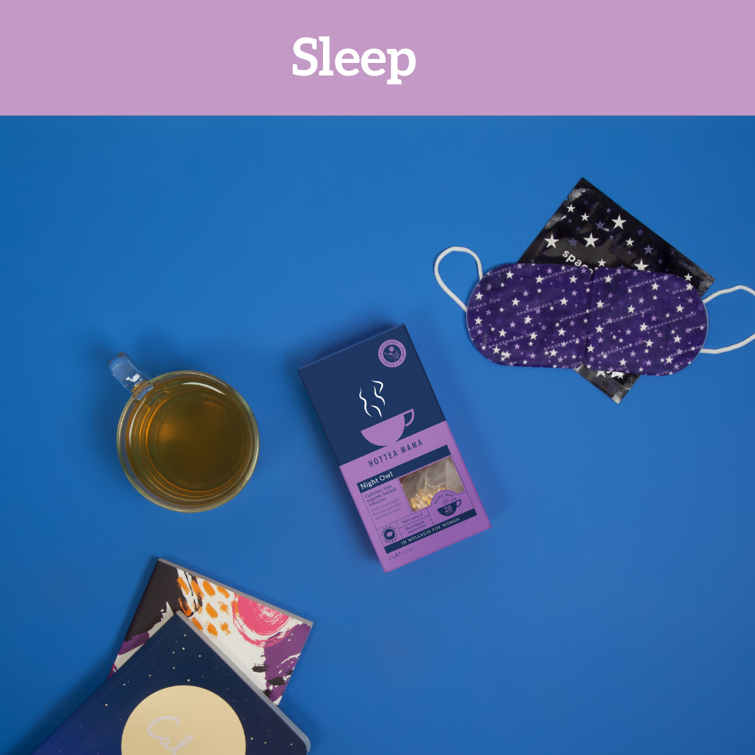 HotTea Mama Night Owl tea for sleep support, sat on blue background with sleep books and a sleep mask, plus brewed tea in a glass cup