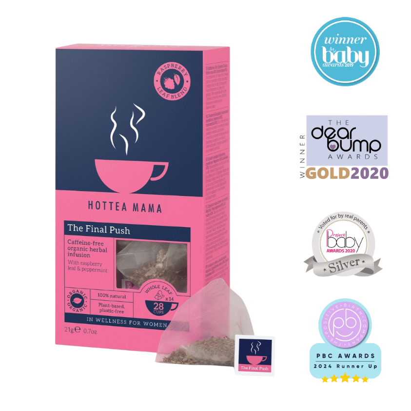 A pack of The Final Push raspberry leaf tea next to the award logos that it has won - winner at the baby awards 2019, dear bump gold award winniner 2020, positive birth company 2024 awards