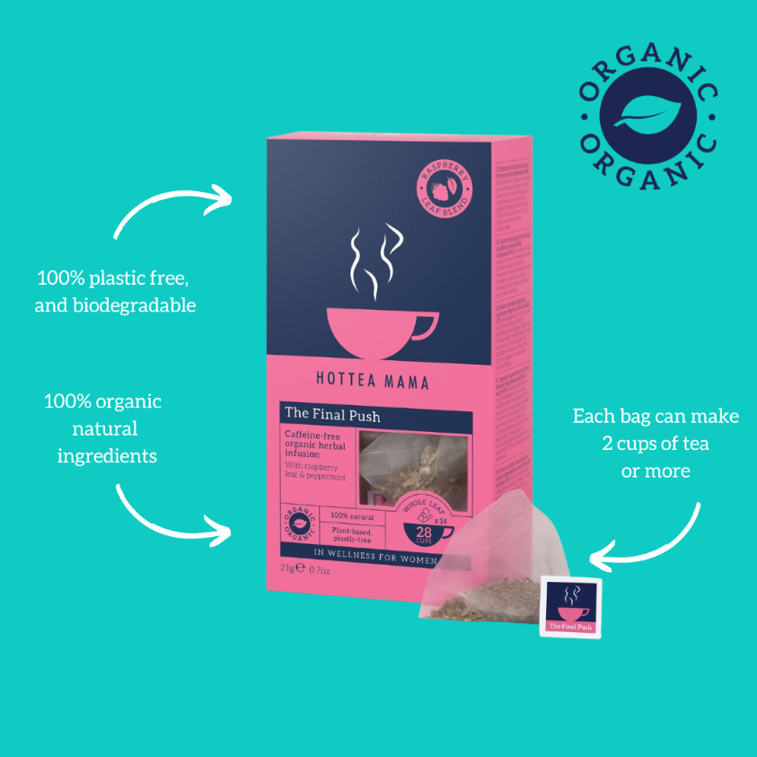Infographic on turquoise background showing The Final Push raspberry leaf tea pack and organic logo, with text showing that the packaging is plastic free and biodegradable, that all ingredients are 100% natural and organic, and that each tea bag makes 2 cups of tea or more