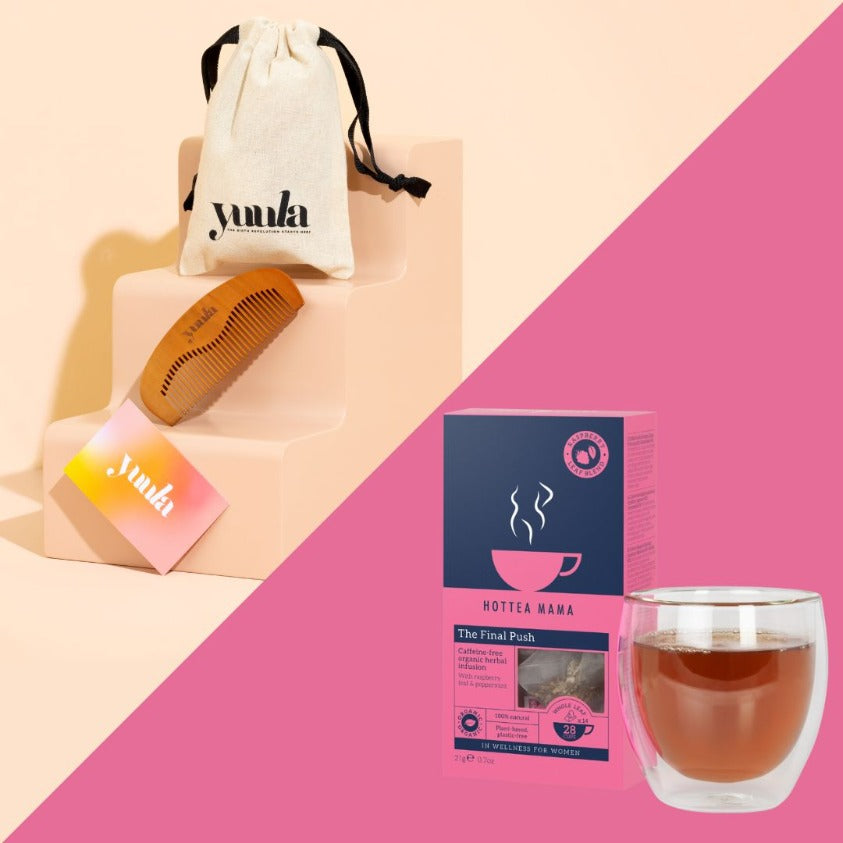 Split graphic showing The Final Push raspberry leaf tea and Yuula birth comb